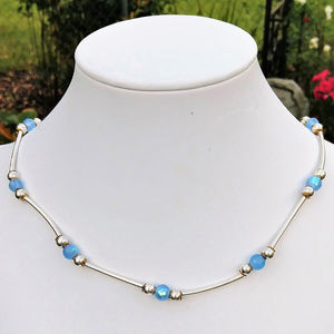 Faceted Blue Glass Silver Plated Choker Necklace